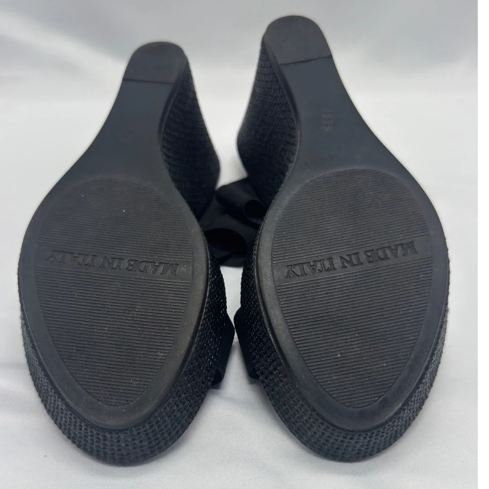 Womens Black Elastic Platform Strappy Wedge Sandals Size 9.5 Made in Italy